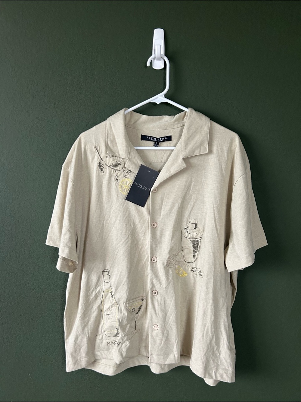 Embroidered Cocktail Camp Shirt Button-Up Beige Size Large